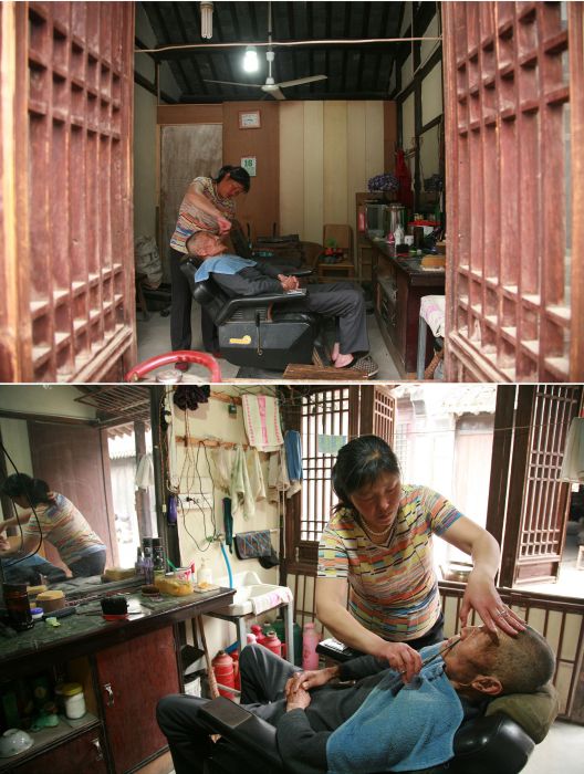 4月16日,一位老人在一家传统理发店修面(拼版图片.新华社