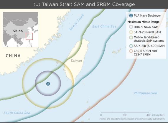 五角大楼中国军力报告中附属的解放军导弹覆盖台湾的范围示意图