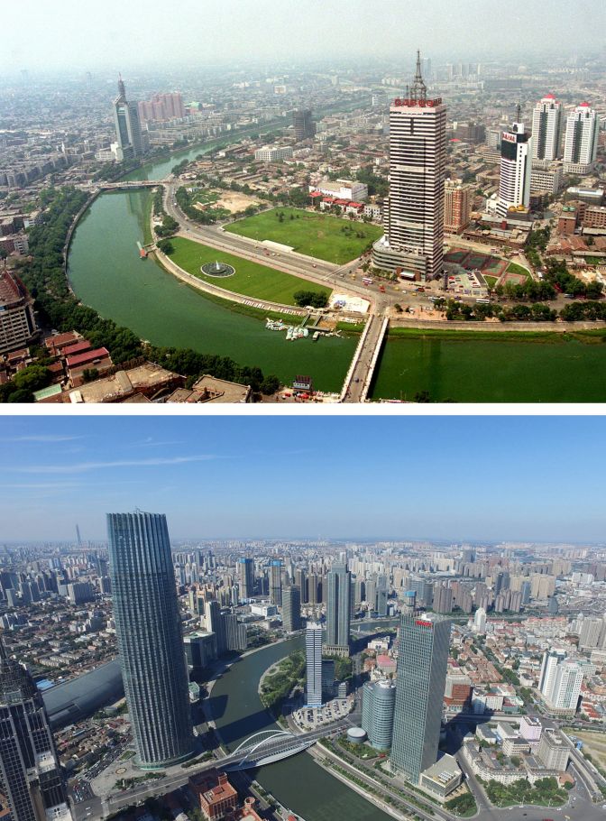 并与90年代在飞机上航拍的照片进行对比,可以看出天津的发展变化